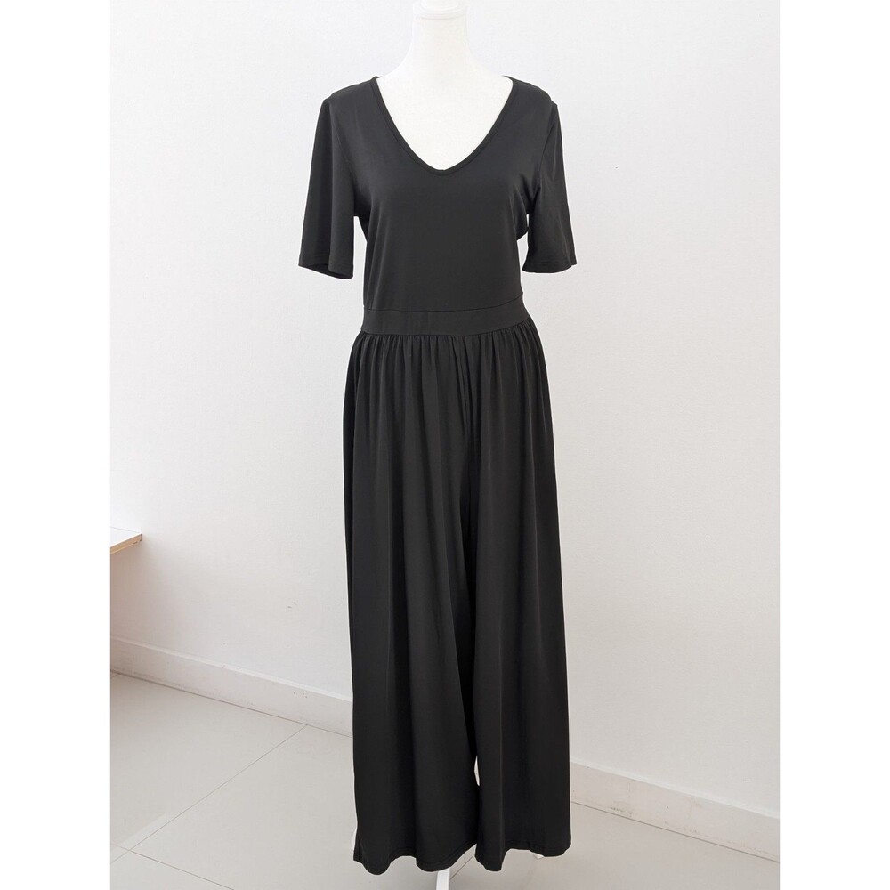 Emery Rose Jumpsuit Women L Black Scoop Neckline Short Sleeves Wide Leg Full Zip